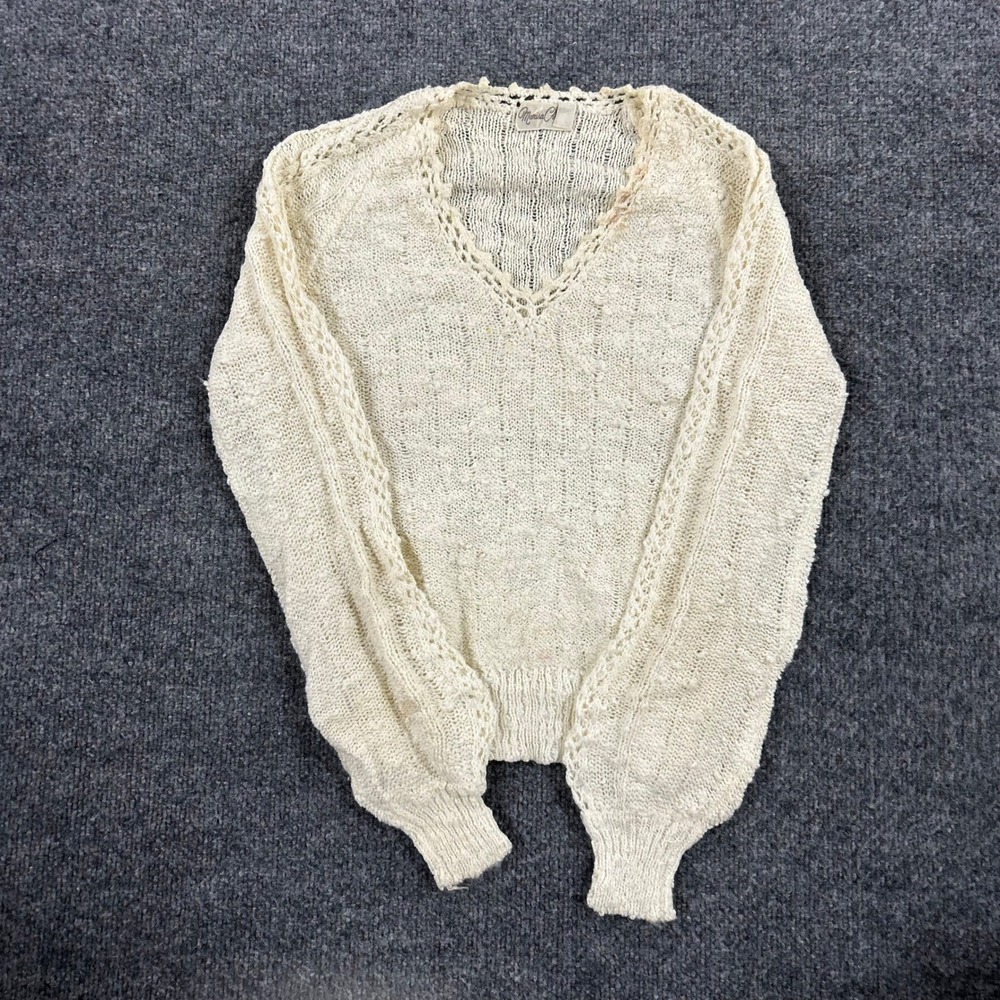 Marisa Christina Sweater Womens Size M Cream V-Neck Crochet Trim Vintage Stain